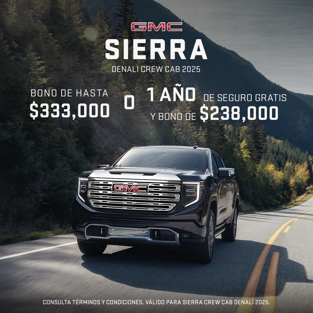 GMC Sierra Denali Crew Cab destaca en diseño, potencia y tecnología para que tengas el control total del camino. 